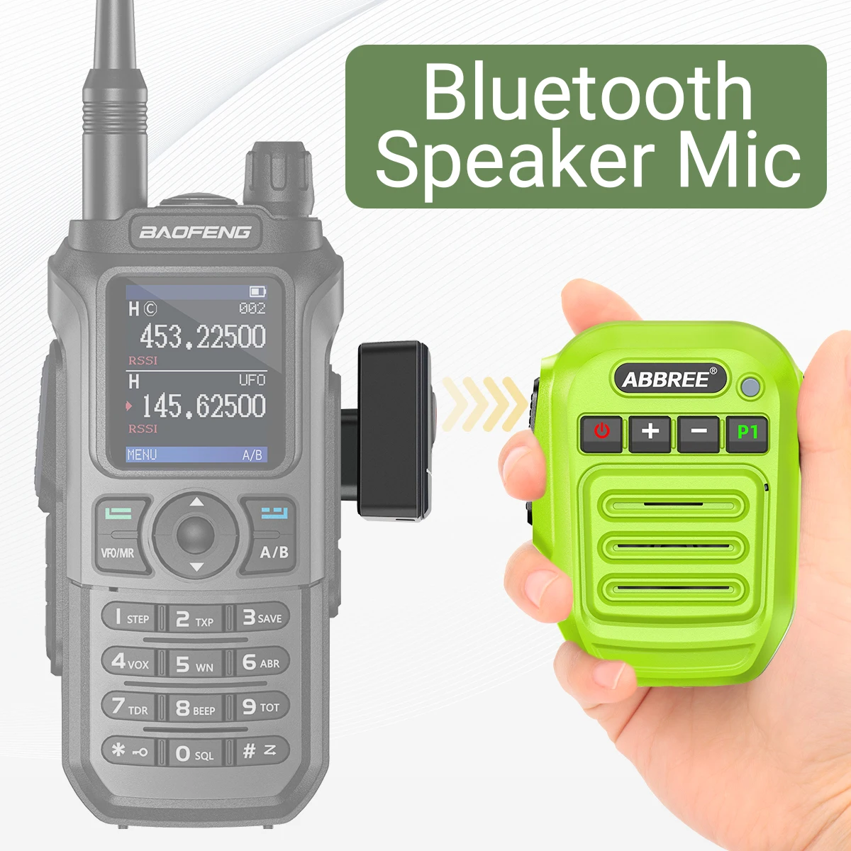 ABBREE Wireless Mic Bluetooth PTT Handsfree Speaker Microphone for Baofeng UV-5R UV-21 BF-888S Quansheng UV-K5(8) UV-5R Plus