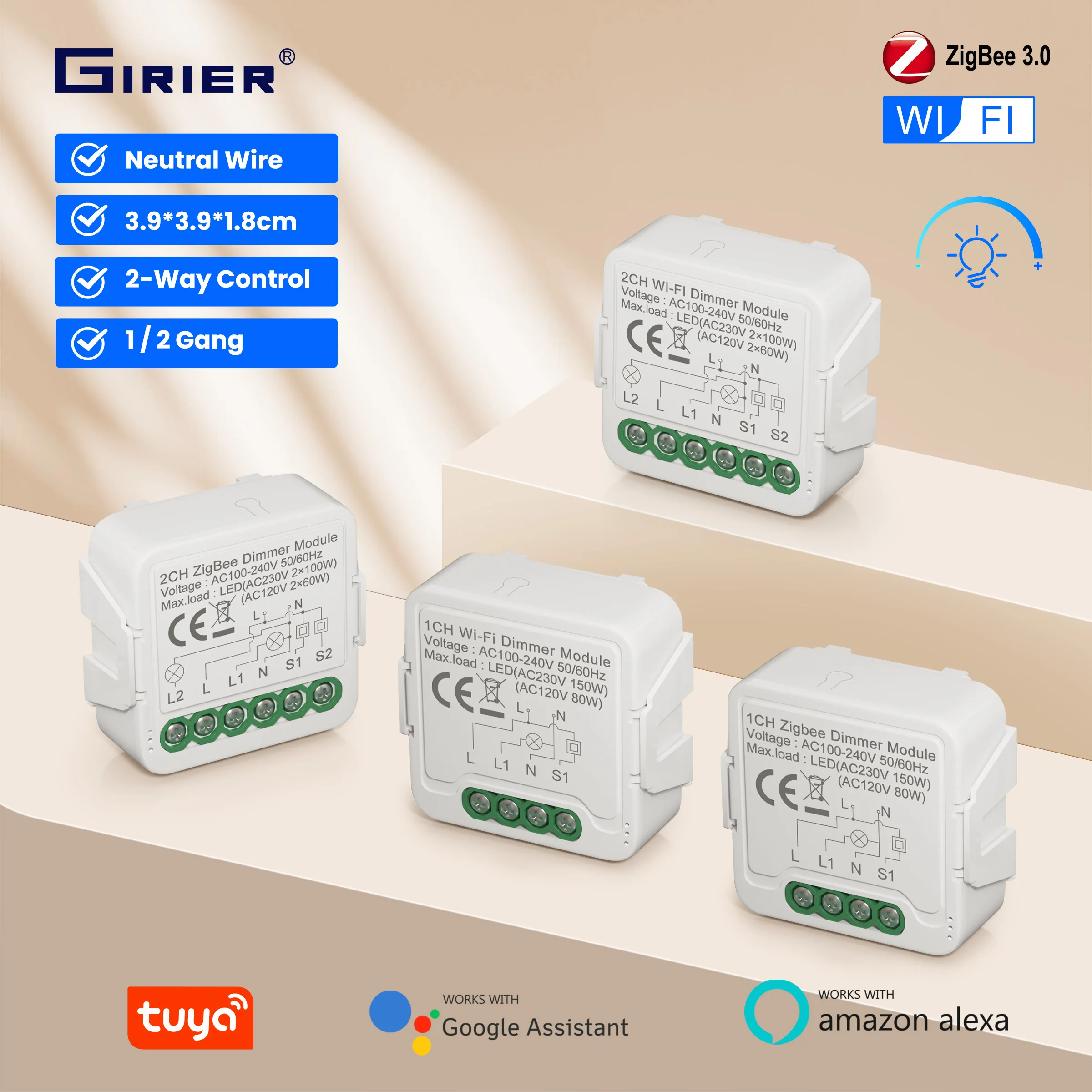 GIRIER Tuya Smart WiFi ZigBee 3.0 Dimmer Switch Module Support Two-way Control Dimmable Switch Compatible with Alexa Google Home