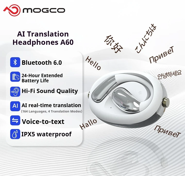 A60 Business AI Translator Earbuds 164 Languages Real Time Translation Bluetooth 6.0 Wireless Headset HD Call for Meeting Travel