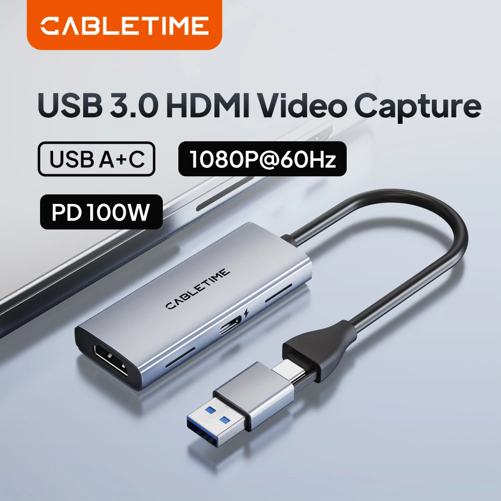 CABLETIME 4K Video Capture Card with PD 100W USB/Type-C for PC Gaming Live Streaming Video Recorder Game Grabber Camera