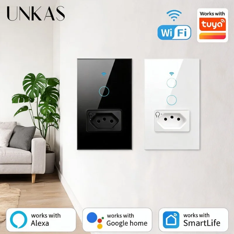 UNKAS Wifi Smart Brazil Light Switch Wall Socket Plug Outlet Touch Sensor Glass Panel Remote Control By Alexa Works with Tuya