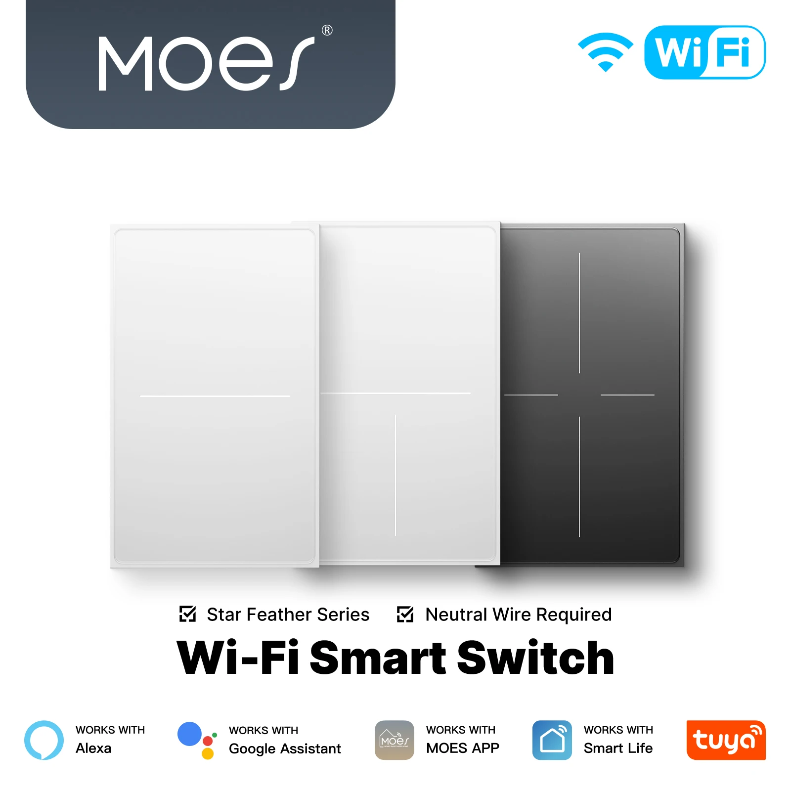 MOES Star Feather US Standard WiFi Smart Light Switch Neutral Wire Required Tuya Smart Life Alexa Google Home Voice Control