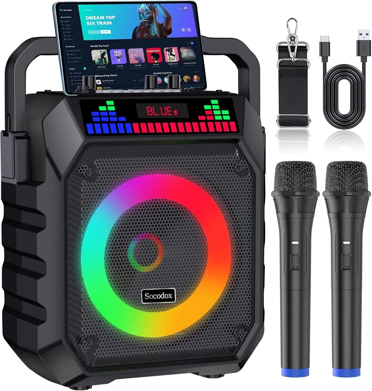 Karaoke Machine and 2 Wireless Microphones for Adults & Kids | Bluetooth Speaker with RGB Lights, Supports Bluetooth/USB/TF/AUX Inputs, Portable 2kg for Home Parties & Outdoor Events