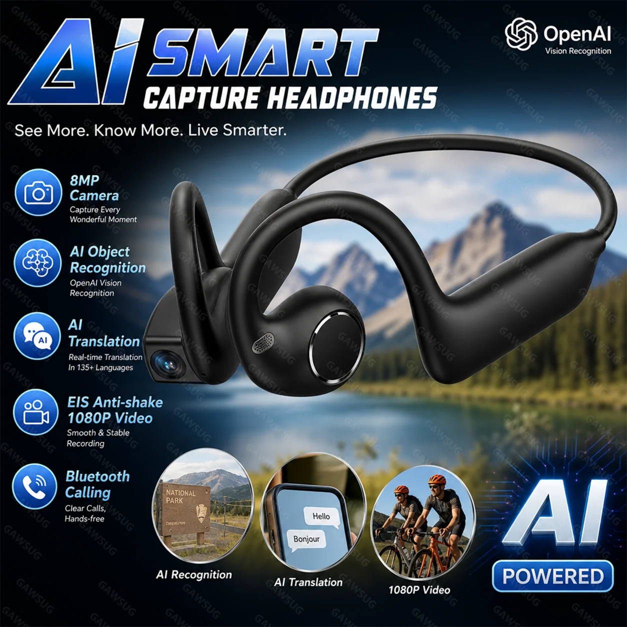 AI Smart Earphones 1080P Camera EIS Anti-Shake Video OpenAI Translation Object Recognition Spatial Audio Bluetooth Earbuds