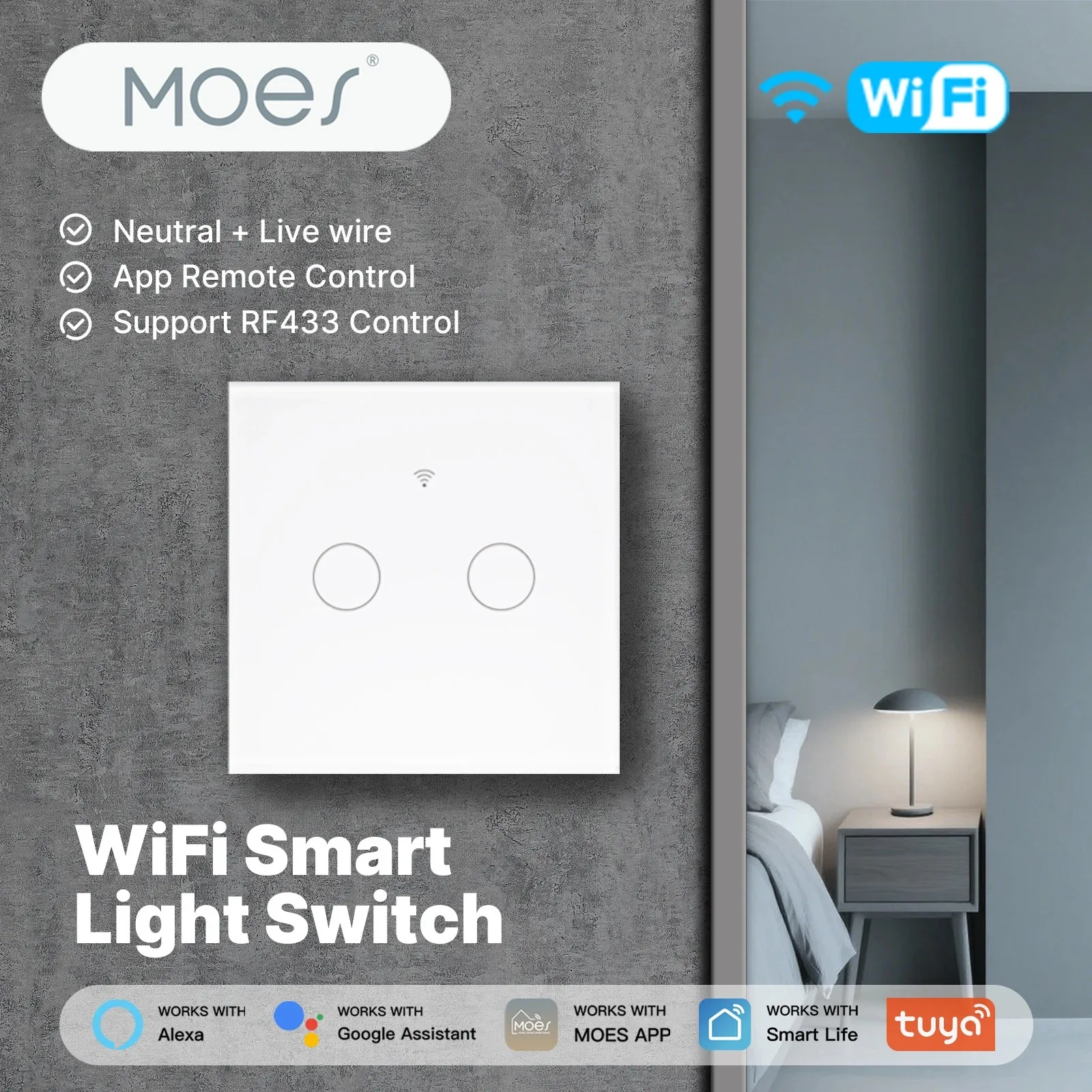 MOES WiFi+RF433 Smart Touch Switch, No Neutral Wire Needed, Glass Panel Design, Timer & Remote, Alexa/Google Home​​